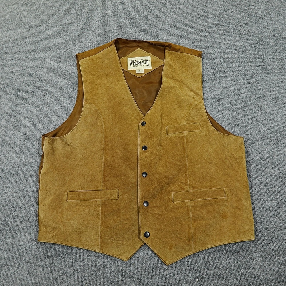Original Windbreaker Vest Mens XL Brown Leather Collarless Lined Pockets